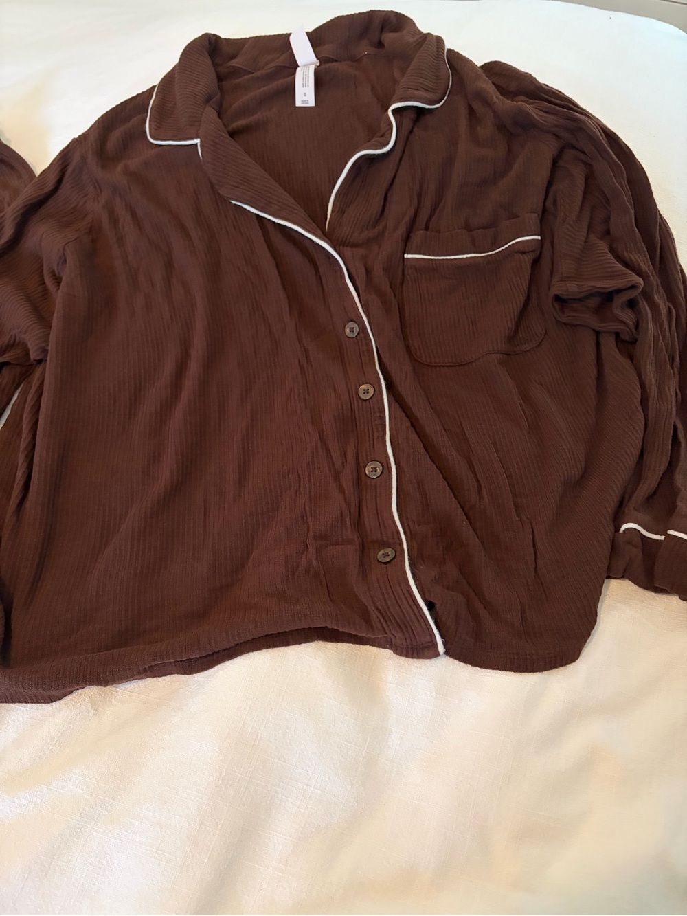 Brown Women's Button-Front Pajama Set with Contrast Piping